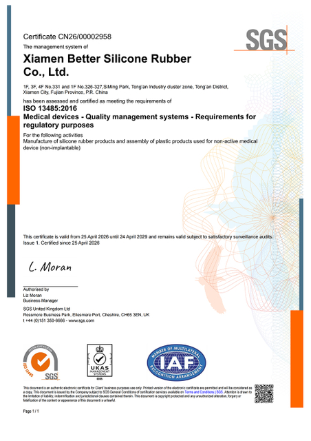 ISO13485：2016 Certificate-Xiamen Better Silicone Rubber E