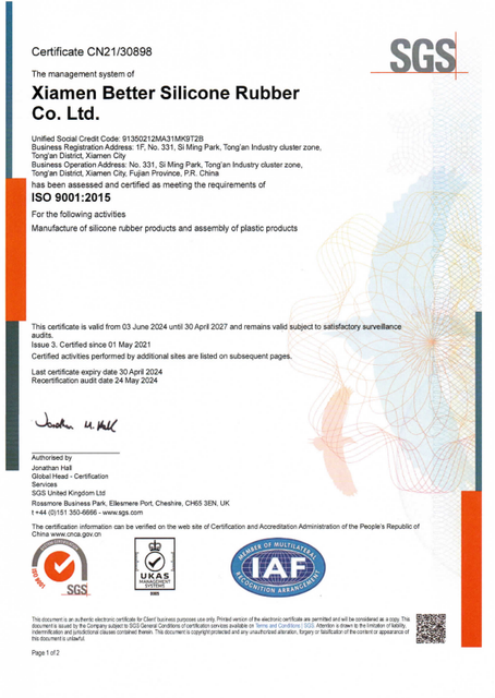 New&nbsp;ISO 9001：2015&nbsp;Certificate EN XIAMEN BETTER SILICONE